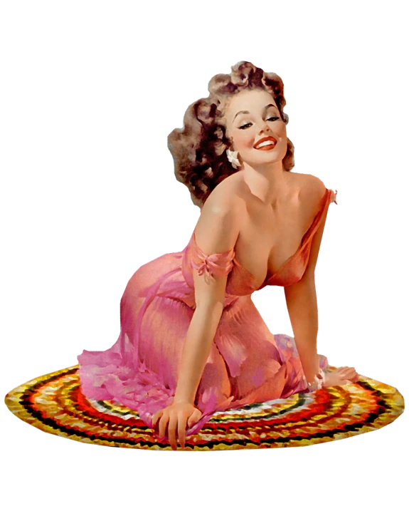 a woman in a pink dress sitting on a rug, by Earle Bergey, flickr, pop art, whirling, smiling seductively, cutout, true realistic image