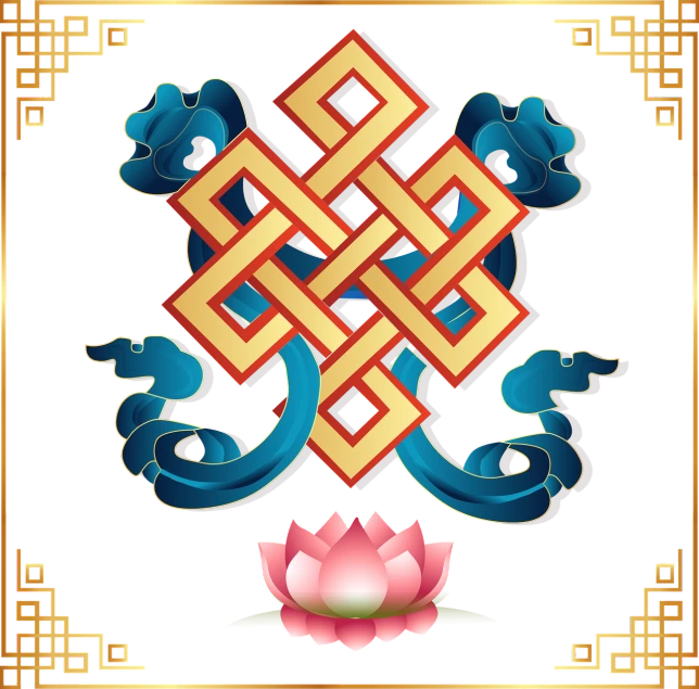 a chinese knot with a lotus flower on a black background, a digital rendering, inspired by Shūbun Tenshō, cloisonnism, leviathan cross, square, temple background, tibetan book of the dead