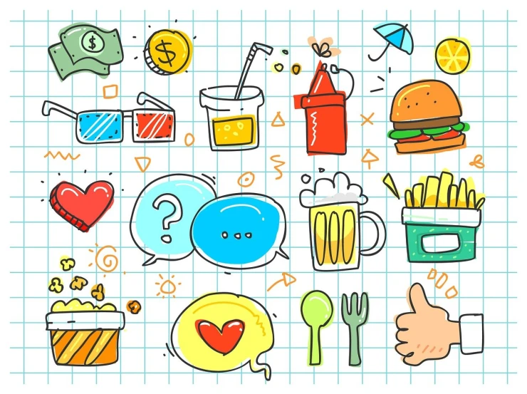 a bunch of stickers that are on a piece of paper, by Nishida Shun'ei, shutterstock, pop art, food court, grid of styles, 2d icon, classroom doodle