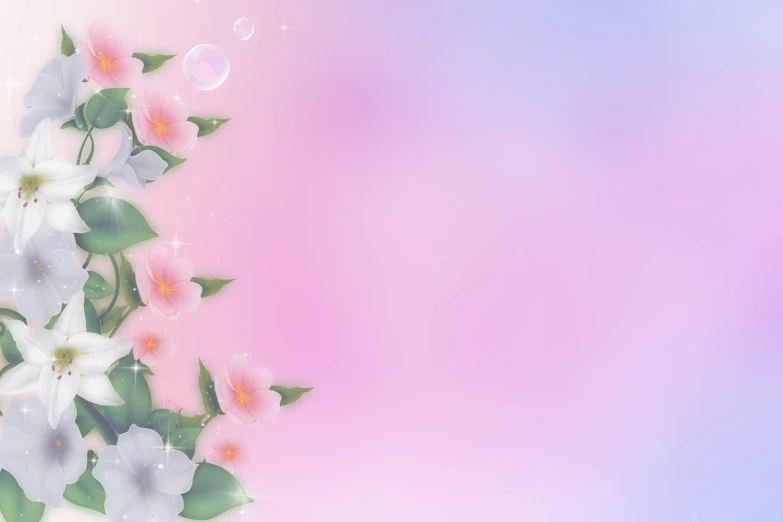 a bunch of white flowers on a pink and blue background, a picture, inspired by Matsumura Goshun, romanticism, underwater bubbles background, 2 d cg, 中 元 节, morning glory flowers