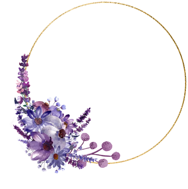 a wreath of purple flowers on a black background, a digital rendering, art deco, mineral and gold jewelry, on clear background, gold gilded circle halo, stick