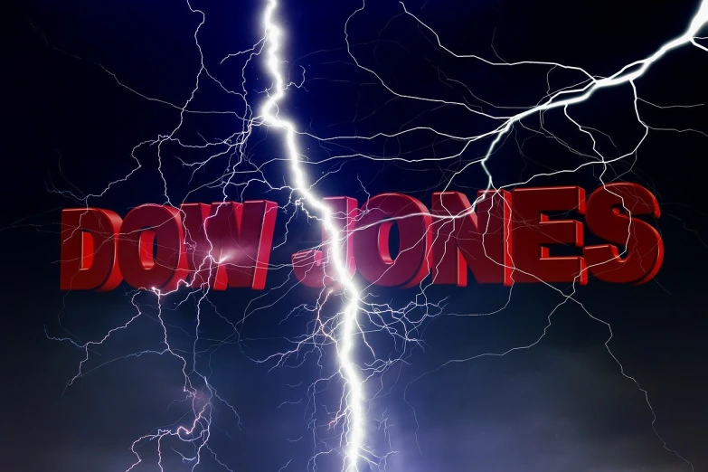 a lightning bolt hitting the word down jones, by Ray Howard-Jones, shutterstock, shock art, cinematic low shot, erik jones, bones joints, from wow