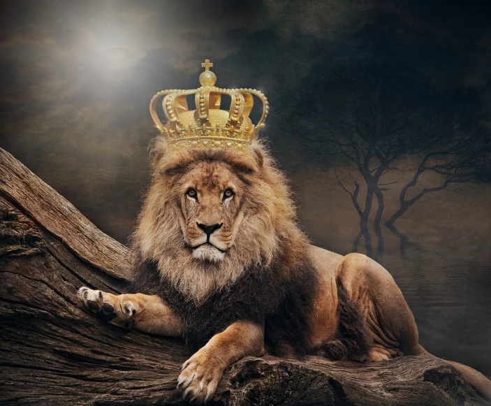 a lion with a crown sitting on a log, by derek zabrocki, trending on pixabay, light kingdom backdrop, queen crown on top of her head, wallpaper mobile, claws are up
