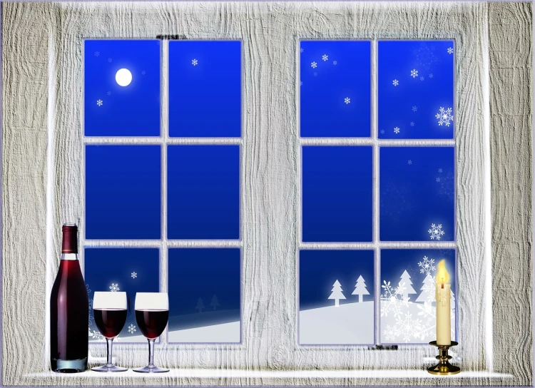 a bottle of wine and two glasses of wine on a window sill, a digital rendering, inspired by Ernest William Christmas, folk art, snowy winter christmas night, night photo, high definition screenshot, full subject shown in photo