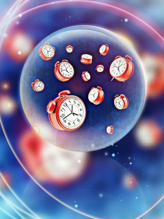 a bunch of clocks that are floating in the air, a digital rendering, by Marie Bashkirtseff, happening, red blue theme, multiverse, blood cells, alarm clock