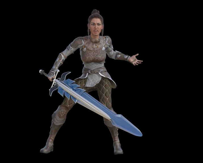 a woman dressed in armor holding a sword, a low poly render, hero action pose, cinematic highly detailed, eso armor, ingame image