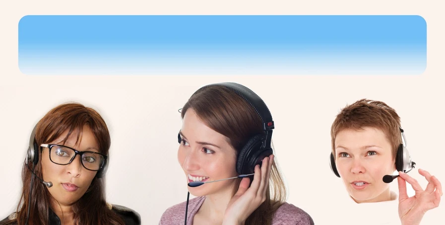a group of women standing next to each other wearing headsets, by Kazimierz Wojniakowski, shutterstock, figuration libre, call now, commercial banner, bottom angle, teeth