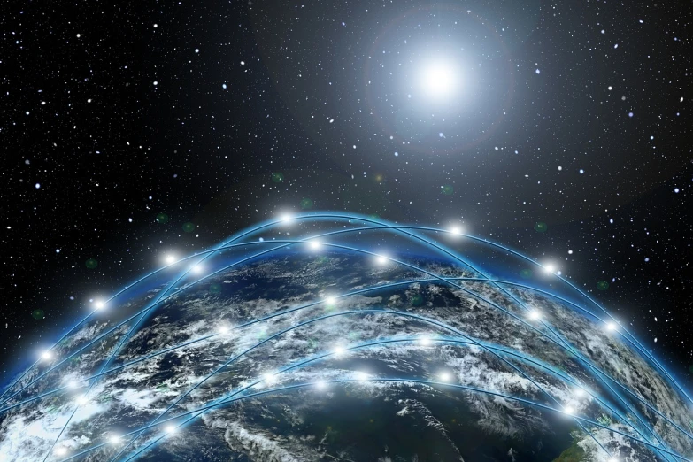 an image of a view of the earth from space, digital art, shutterstock, glowing wires everywhere, star flares, network, silver
