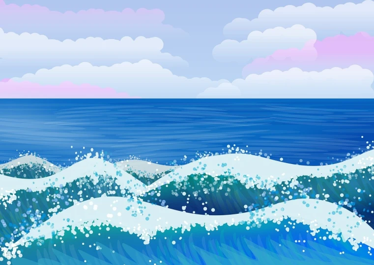 a picture of a big wave in the ocean, an illustration of, naive art, blue sky with beautiful clouds, created in adobe illustrator, whole page illustration, bubbly scenery
