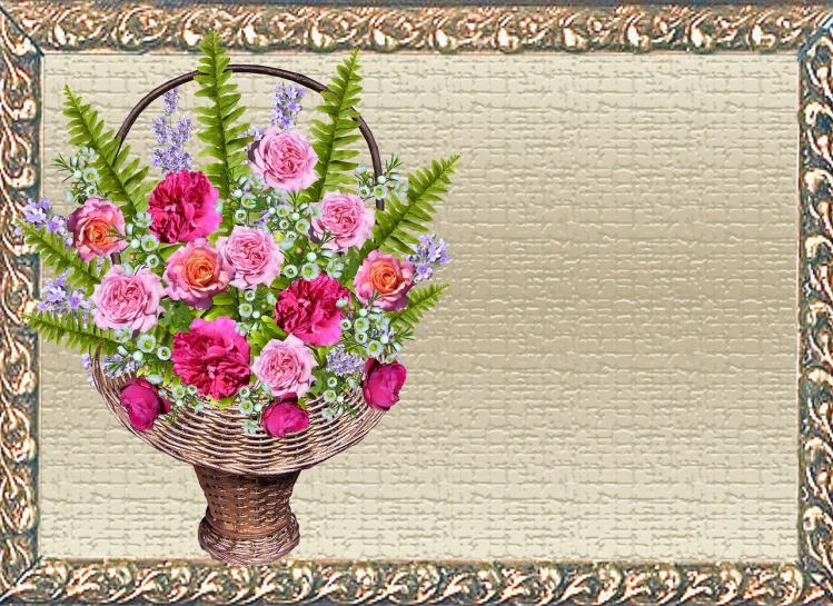 a basket filled with lots of pink and purple flowers, a digital rendering, rasquache, ornate border frame, marigold background, japanese flower arrangements, head made of carnations flower