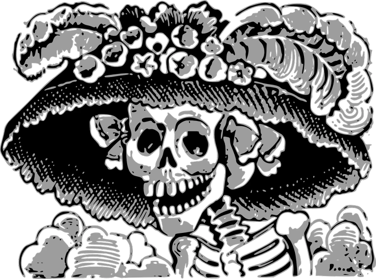 a black and white drawing of a skull in a hat, a digital rendering, by Bjørn Wiinblad, detail on scene, la catrina, alternate album cover, highly detailed photo of happy