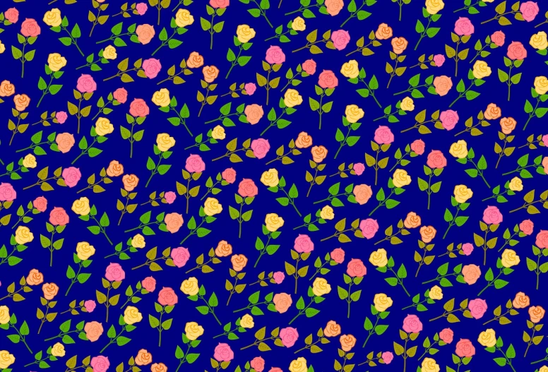 a bunch of pink and yellow roses on a blue background, a digital rendering, by Kume Keiichiro, naive art, tileable, gold brocaded dark blue clothes, cute:2, resources background