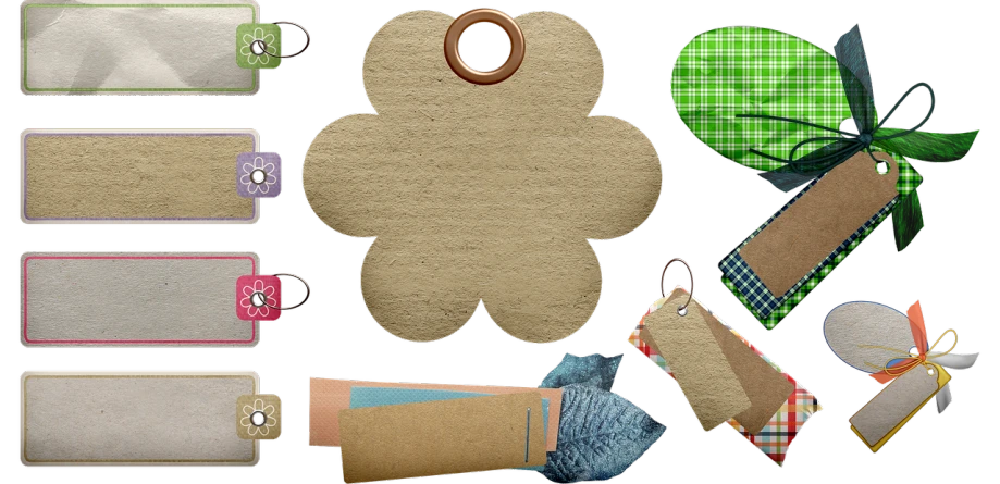 a bunch of tags sitting on top of a table, digital art, inspired by Masamitsu Ōta, flickr, burlap, flower elements, clip-art, header