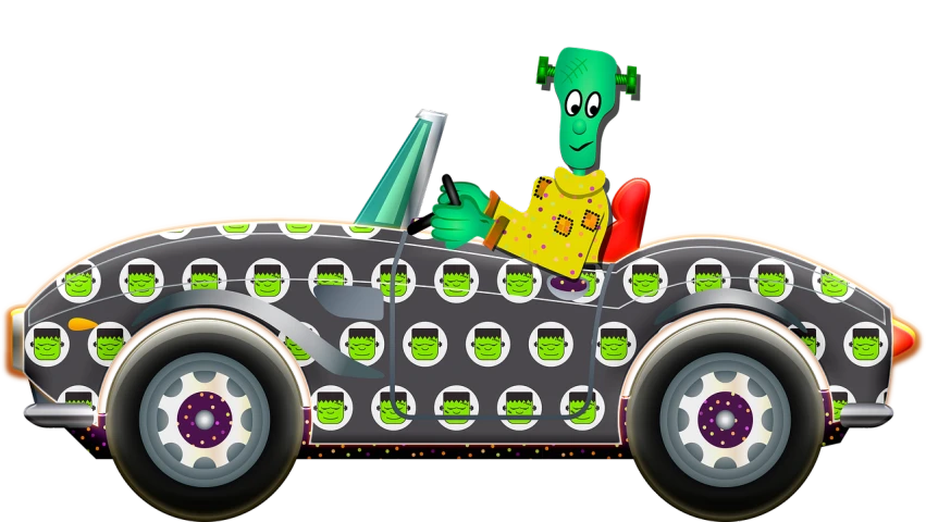 a cartoon car with a lizard sitting in the driver's seat, a screenshot, inspired by Eduardo Paolozzi, pixabay contest winner, handsome squidward, alien fabric, profile shot, body covers with neon crystals