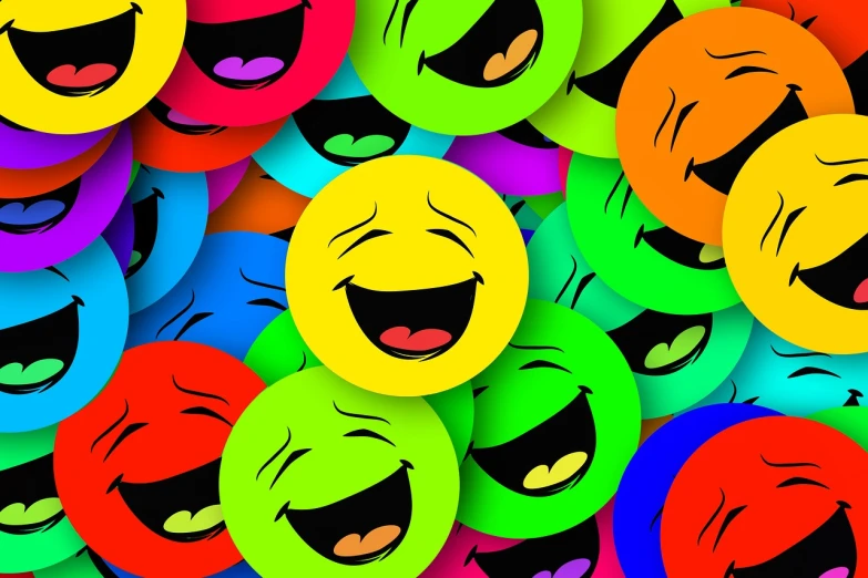 a bunch of different colored smiley faces on a black background, a picture, 😃😀😄☺🙃😉😗, laughter and screaming face, colorful background, colorful signs