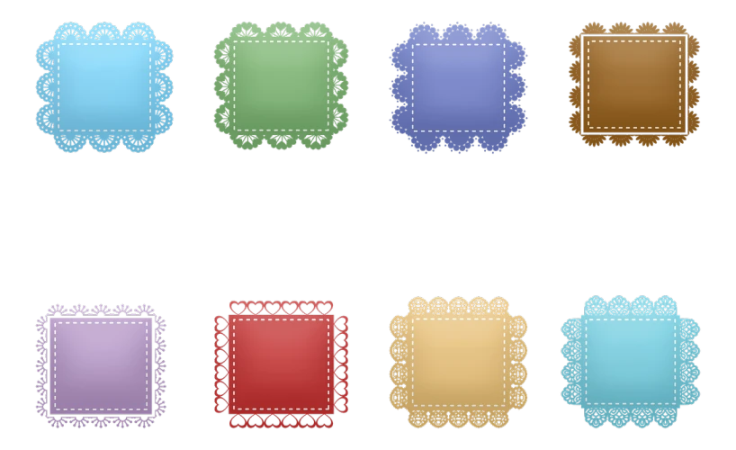a set of six different colored paper doily frames, digital art, inspired by Judith Brown, game icon asset, 1 2 k, visible stitching, !8k!