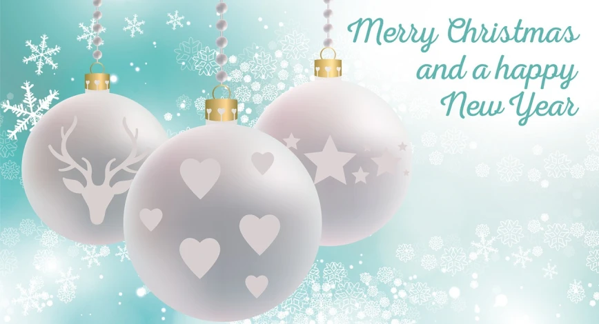 a couple of christmas balls sitting on top of a snow covered ground, concept art, by Maksimilijan Vanka, white and teal metallic accents, header text”, merry, peace and love