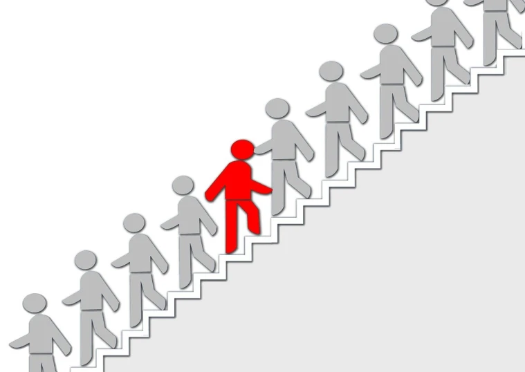 a group of people walking up a set of stairs, trending on pixabay, happening, red and grey only, clipart, one man, strong leader