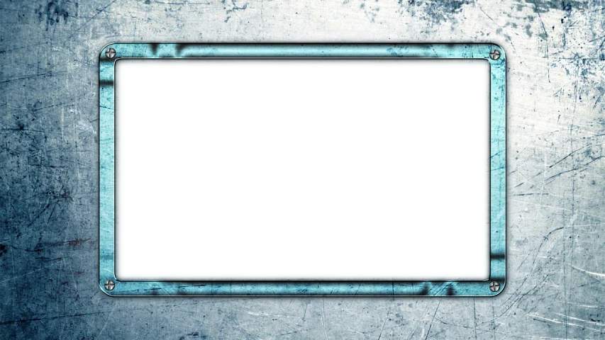a picture frame hanging on a metal wall, flickr, conceptual art, black and cyan color scheme, header with logo, # 0 1 7 9 6 f, plasma