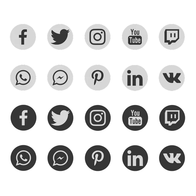 a set of social icons on a black background, by Bernardo Daddi, instagram, digital art, black and white color aesthetic, round, silver, anime-twitter