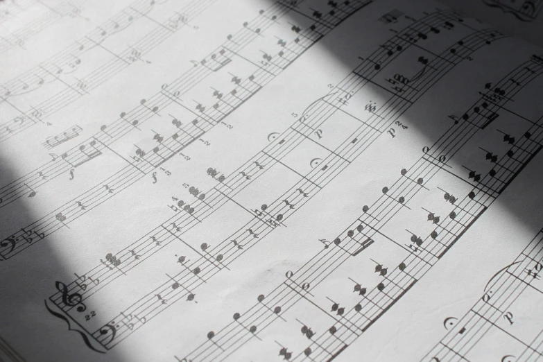 a sheet of music sitting on top of a table, pexels, detailed scales, sunlight, wikimedia commons, banner