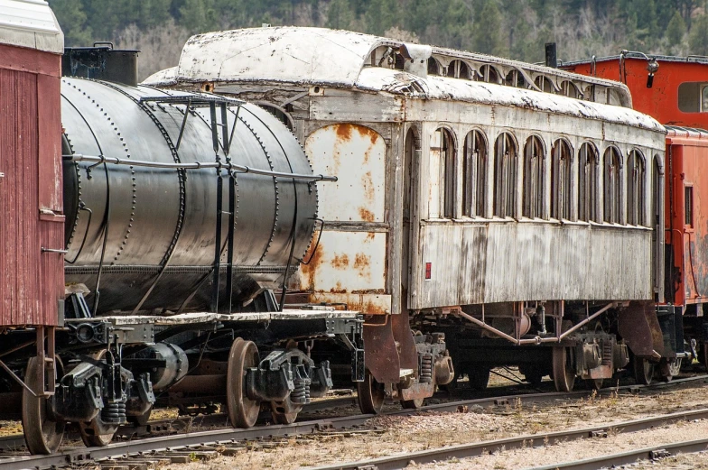 a train traveling down train tracks next to a forest, by Arnie Swekel, flickr, folk art, with vestiges of rusty machinery, new mexico, white steam on the side, detail shots