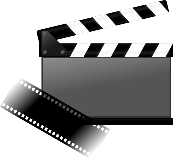 a movie clap and film strip on a white background, a picture, inspired by Masamitsu Ōta, pixabay, video art, lightbox, an illustration, illustration, a dark