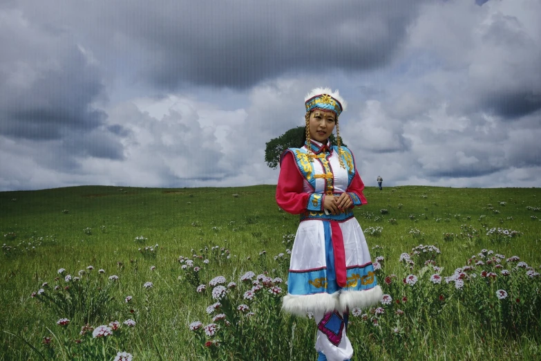 a woman standing in a field of flowers, a portrait, inspired by Lü Ji, hurufiyya, mongolia, slide show, patriotism, no cropping