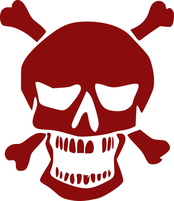 a red skull and crossbones on a black background, inspired by Masamitsu Ōta, pixabay, noxious poison diaper, ork, full res, coloured