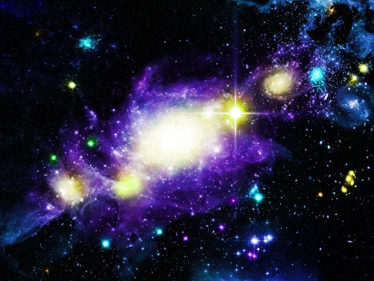 a group of stars that are in the sky, space art, splashes of neon galaxies, galactic yellow violet colors, galaxies and stars visible, space photo