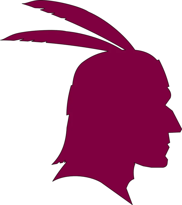 a silhouette of a man with a feather on his head, by Matt Stewart, rasquache, maroon, high school mascot, wikipedia, magenta