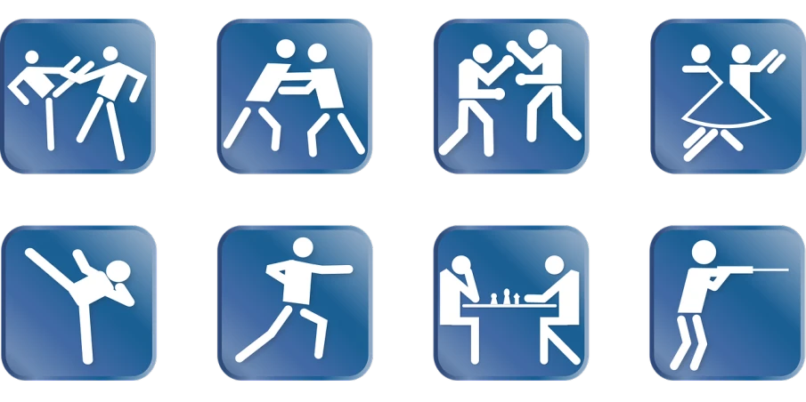 a bunch of stick figures that are on a blue button, a digital rendering, digital art, boxing, game icon, four, chess