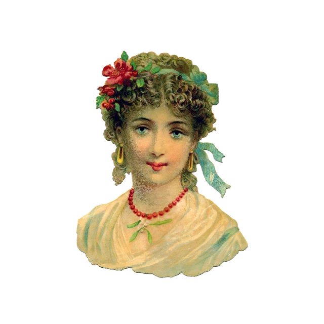 a picture of a woman with a flower in her hair, a digital rendering, inspired by Margaret Brundage, rococo, with a black background, made in 1800's, advertising photo, full color illustration