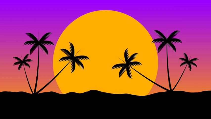 a sunset with palm trees in the foreground, an illustration of, inspired by Otto Eckmann, art deco, on a flat color black background, purple sun, sunbathing. illustration, beach setting