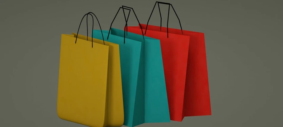 a group of three shopping bags sitting next to each other, polycount, digital art, complementary color scheme, maya 3 d, 6 0's, retaildesignblog