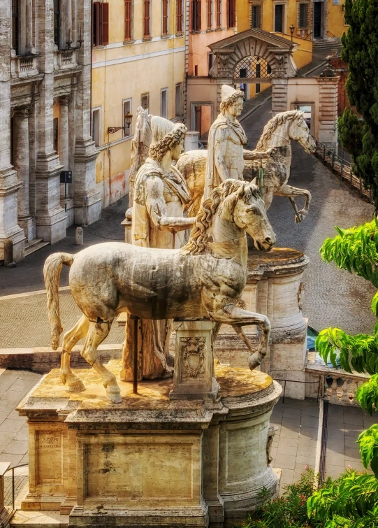 a statue of a man riding on the back of a horse, a statue, inspired by Romano Vio, shutterstock, 3 nymphs circling a fountain, roman city, seen from above, monstrous animal statues