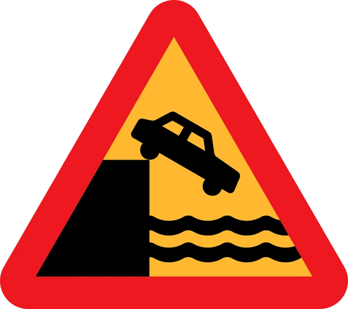 a warning sign with a car coming out of the water, by Odhise Paskali, bridges, svg. technical, cliffs of dover, lada car