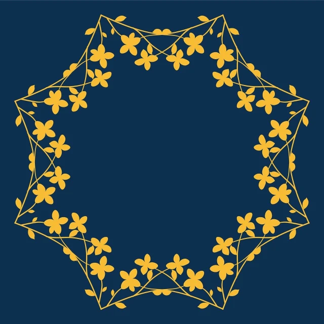 a decorative frame with yellow flowers on a blue background, inspired by Otto Frölicher, geometric patterns ornaments, circular shape, jasmine, dark blue color