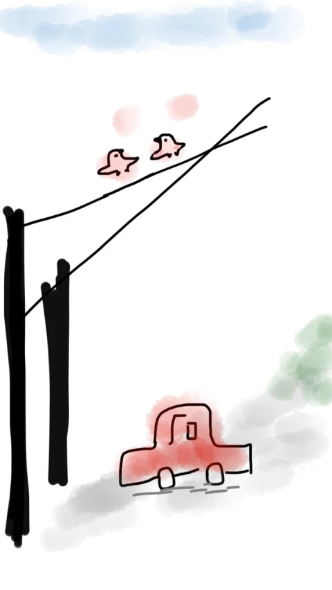 a drawing of a truck parked on the side of a road, a digital painting, inspired by Shūbun Tenshō, holding electricity and birds, romantic simple path traced, minimalist ink drawing of a city, bottom - view
