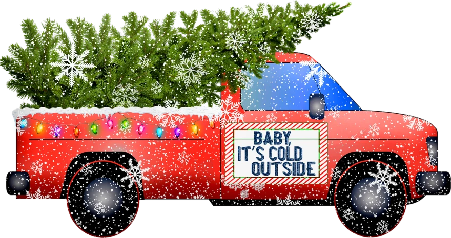 a red truck with a christmas tree in the back, inspired by Rudolph Belarski, pixabay, cold as ice! 🧊, pc screen image, inside out and outside in, shady