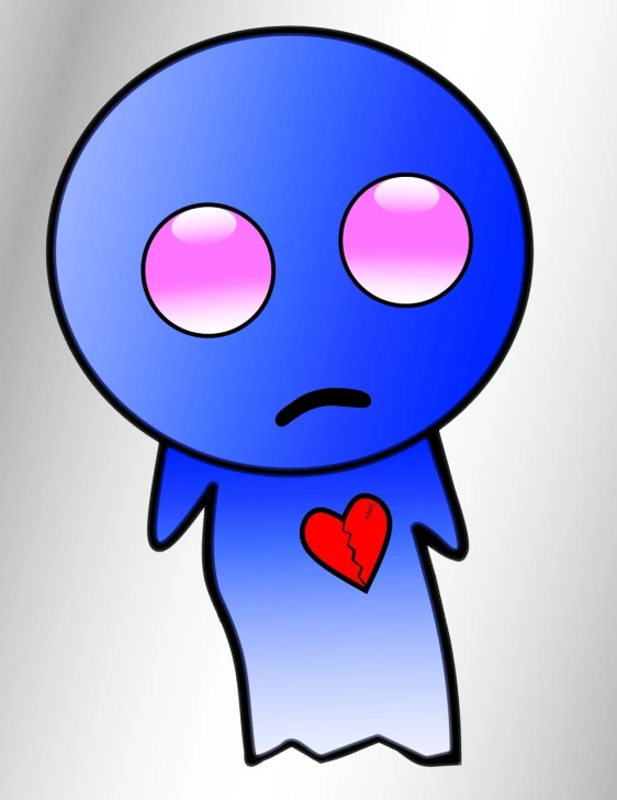 a cartoon character with a heart on his chest, inspired by INO, tumblr, mingei, blue image, slimy and reflective, haunted sad expression, low res