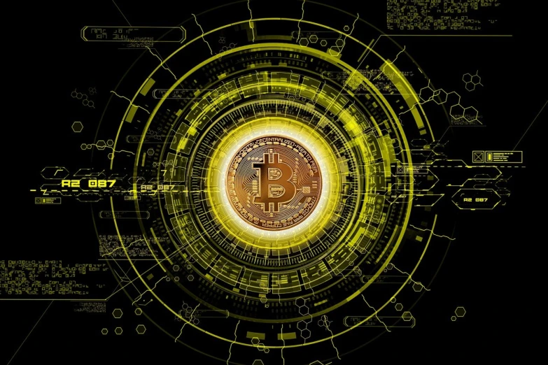 a digital image of a bitcoin on a black background, by Zoran Mušič, digital art, everything enclosed in a circle, background of digital greebles, on a sunny day, background image