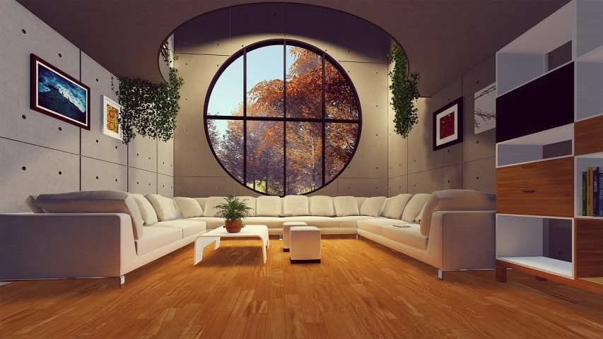 a living room filled with furniture and a large window, inspired by Ricardo Bofill, pixabay, modernism, round windows, modern house made of tree, reflective floor, arborescent architecture