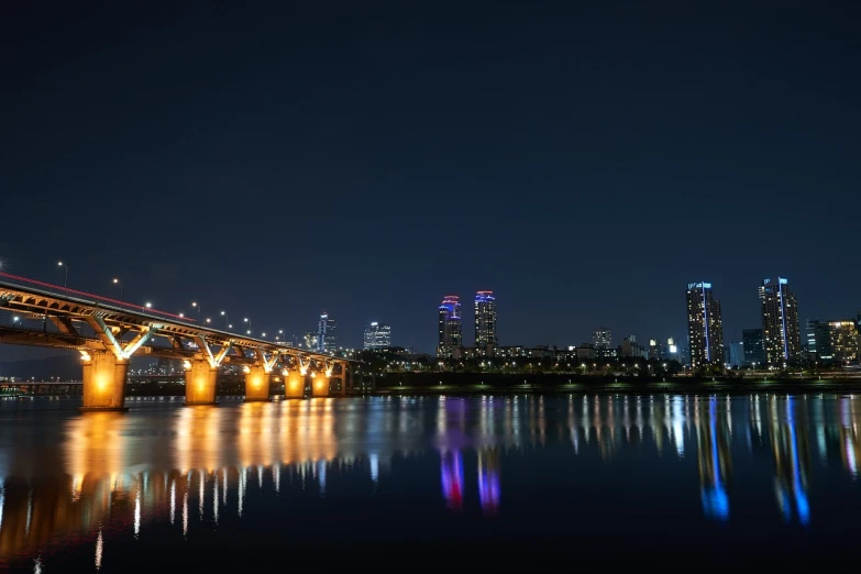 a bridge over a body of water with a city in the background, a picture, night scenery, korean, usa-sep 20, beautiful rtx reflections