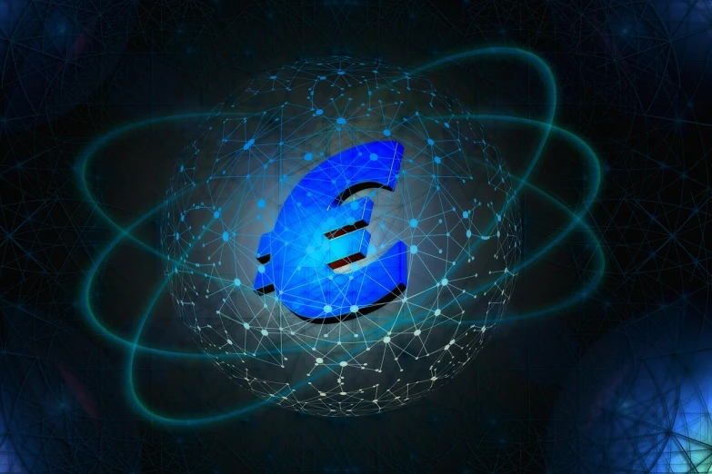 a blue euro sign surrounded by lines and dots, a digital rendering, wires earth background, blockchain, productphoto, spherical