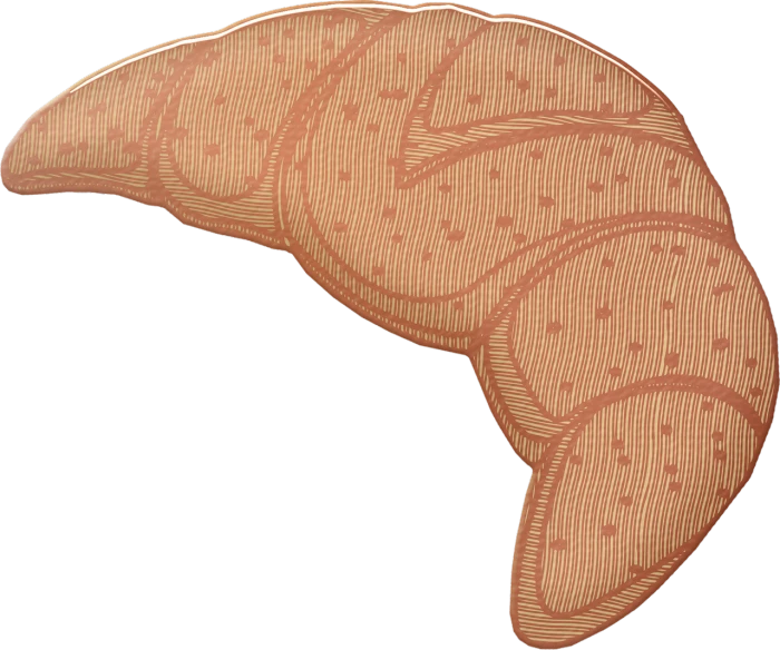 a close up of a croissant on a black background, an illustration of, by Siona Shimshi, stomach skin, cartoon image, salmon, high detail illustration