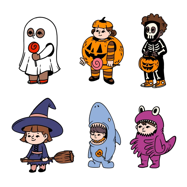 a group of children dressed up in halloween costumes, a cartoon, by Kose Kanaoka, on a flat color black background, cute artwork, super detail of each object, 6