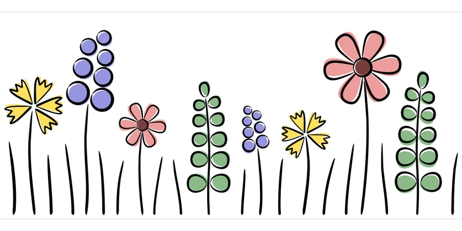 a drawing of flowers on a white background, a digital rendering, by Brenda Chamberlain, pixabay, naive art, lined up horizontally, coloured comic, stylized border, plants and grass