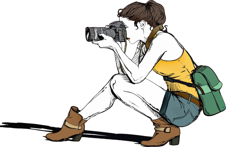 a woman taking a picture with a camera, a picture, art photography, colored screentone, with a black background, large sensor dslr photo, illustration]