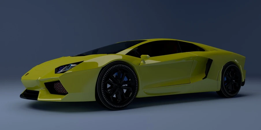 a yellow sports car on a gray background, a 3D render, inspired by Bernardo Cavallino, polycount, digital art, lamborghini, cinematic rim lighting, rendered in nvidia's omniverse, detail render